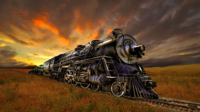Train rural countryside cloudy sky free wallpaper for desktop - medium preview image