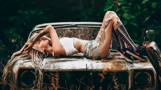 Woman rusty car field tattoo free wallpaper for desktop - medium preview image