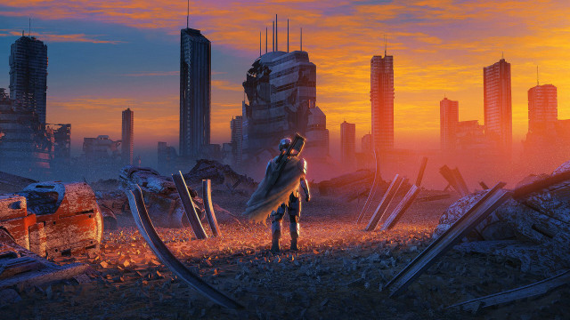 Destroyed city surfboard sunset retrofuturism free wallpaper for desktop - medium preview image
