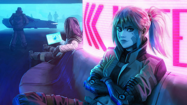 Eve ryder couch neon cyberpunk free wallpaper for desktop - medium preview image