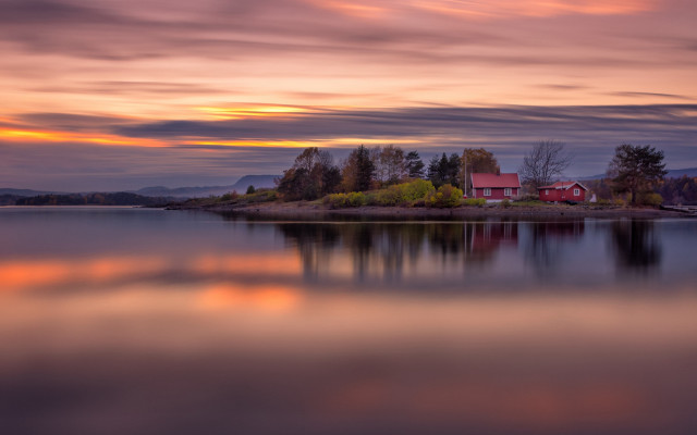 Island house lake sunset mystical free wallpaper for desktop - medium preview image