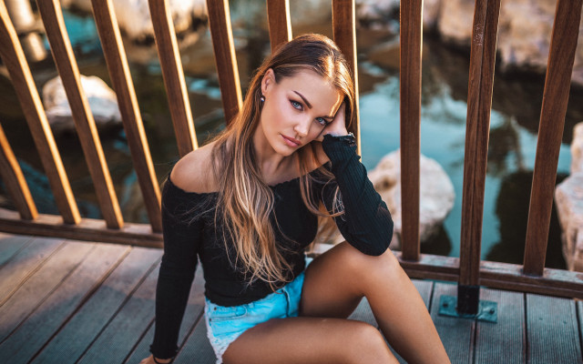 Woman deck river blonde portrait #2 free wallpaper for desktop - medium preview image