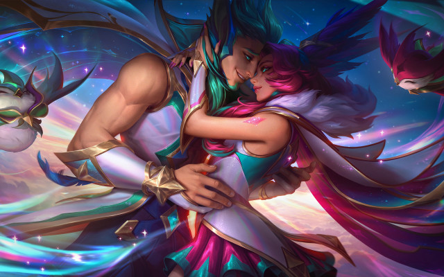 Hugging couple cat woman aurora free wallpaper for desktop - medium preview image