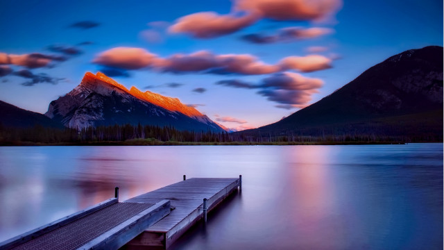Dusk mountain lake dock sunset free wallpaper for desktop - medium preview image