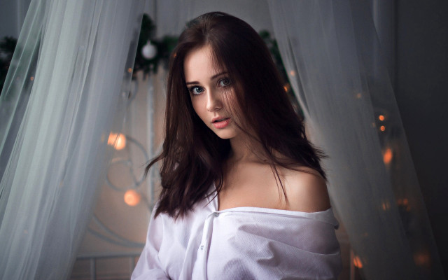 Woman white shirt portrait indoor free wallpaper for desktop - medium preview image
