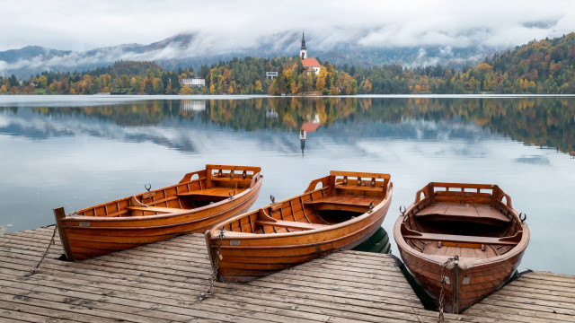 Wooden boats lake church foggy free wallpaper for desktop - medium preview image