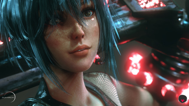 Bluehair futuristicoutfit redlight photorealism cyberpunk free wallpaper for desktop - medium preview image