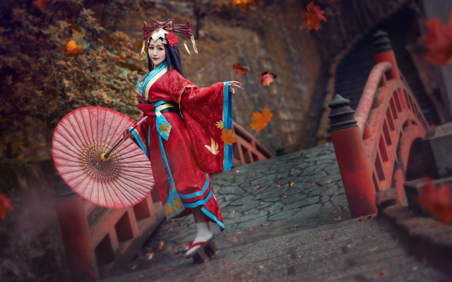 Woman kimono umbrella autumn portrait free wallpaper for desktop - medium preview image