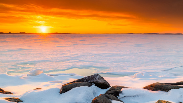 Sunset water rocks snow ice free wallpaper for desktop - medium preview image