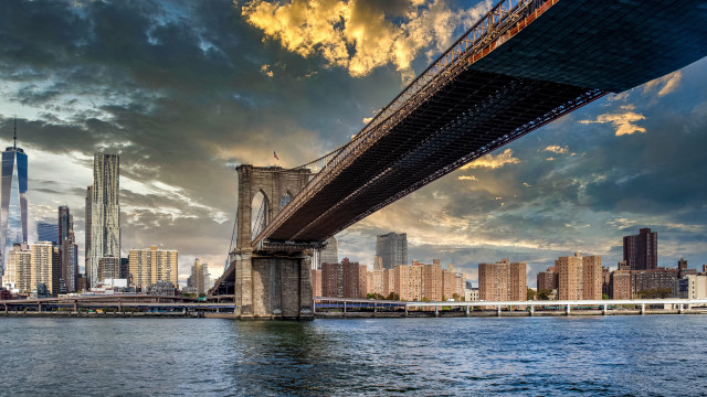 Bridge water city clouds sunset free wallpaper for desktop - medium preview image