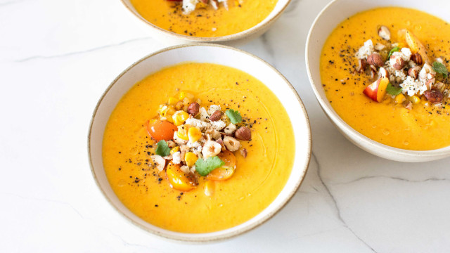 Three bowls soup marble table free wallpaper for desktop - medium preview image