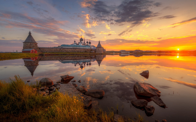 Sunset lake castle rocks grass free wallpaper for desktop - medium preview image
