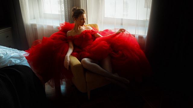 Woman red dress portrait curtains free wallpaper for desktop - medium preview image