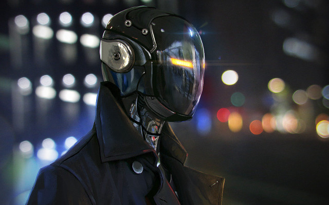 Cyberpunk man helmet gasmask city free wallpaper for desktop - medium preview image