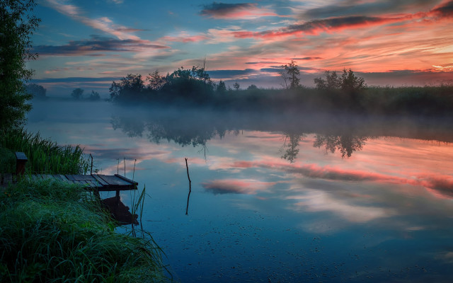 Lake dock colorful sky clouds free wallpaper for desktop - medium preview image