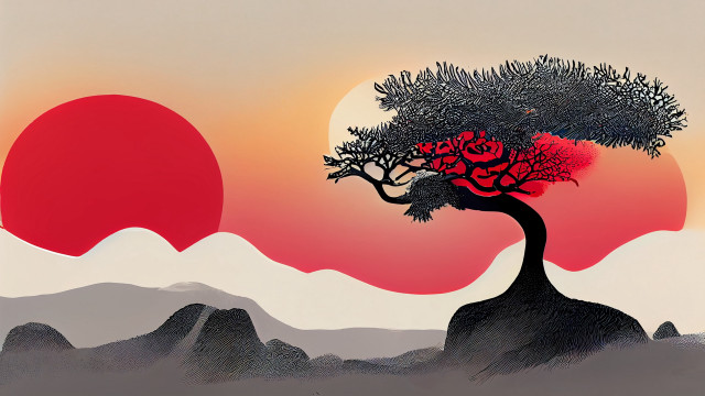Red sun tree mountains silhouette free wallpaper for desktop - medium preview image