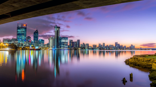 City skyline reflection bridge dusk free wallpaper for desktop - medium preview image