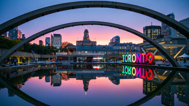City skyline reflection bridge colorful free wallpaper for desktop - medium preview image