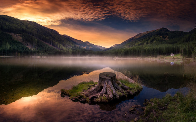 Lake tree stump mountain red free wallpaper for desktop - medium preview image