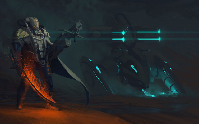 Futuristic man sword flame ship free wallpaper for desktop - medium preview image