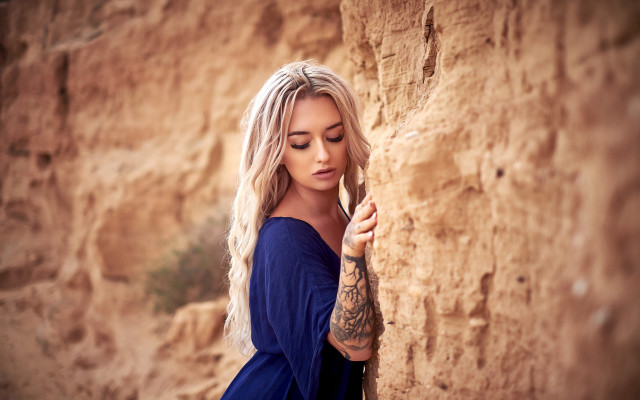 Tattooed woman blonde outdoors portrait free wallpaper for desktop - medium preview image