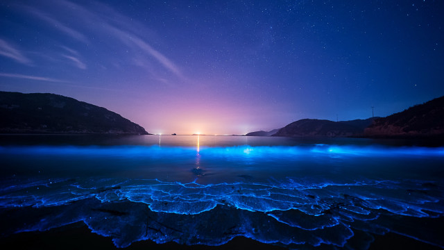 Starry sky mountains lake fireworks free wallpaper for desktop - medium preview image