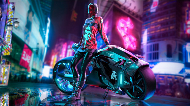 Cyberpunk motorcycle city night neon free wallpaper for desktop - medium preview image