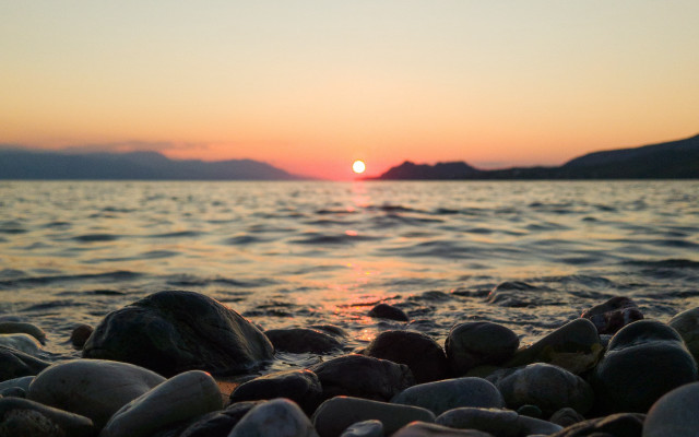 Sunset water rocks mountains orange #3 free wallpaper for desktop - medium preview image