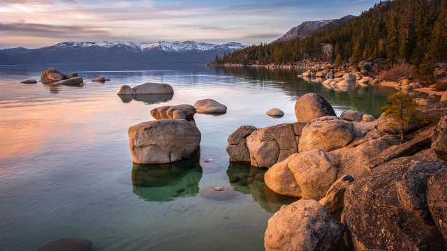 Lake rocks trees mountains snow free wallpaper for desktop - medium preview image