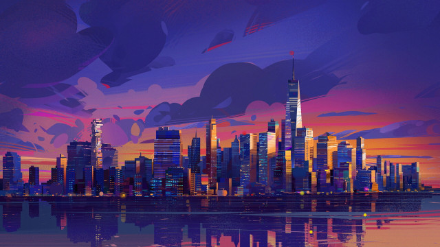 City skyline sunset reflection architecture free wallpaper for desktop - medium preview image