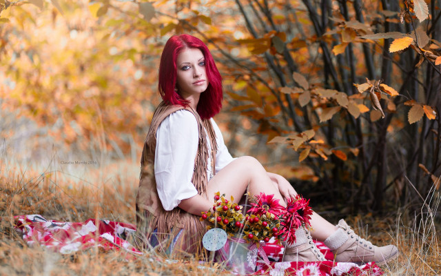 Red hair woman flower field free wallpaper for desktop - medium preview image