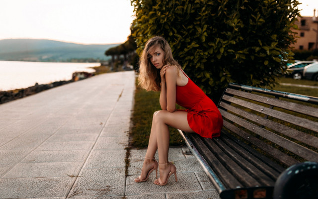 Woman red dress water bench free wallpaper for desktop - medium preview image