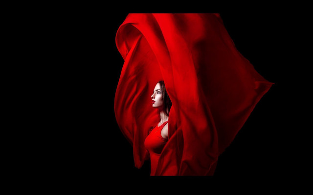 Woman red dress hiding red free wallpaper for desktop - medium preview image