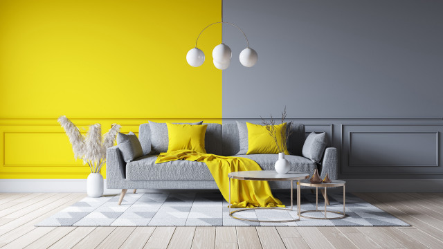 Livingroom graycouch yellowwalls whitetable vase free wallpaper for desktop - medium preview image
