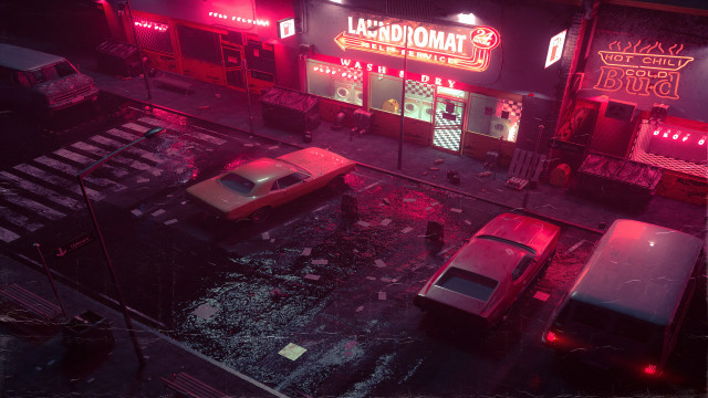 City street neon lights cars free wallpaper for desktop - medium preview image