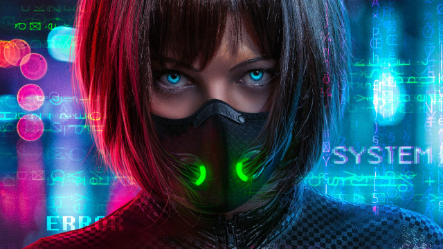 Woman gasmask neonlights futuristic cyberpunk free wallpaper for desktop - medium preview image
