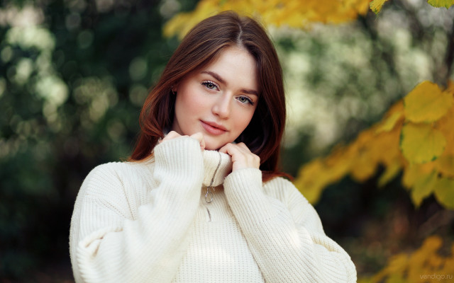 Woman white sweater autumn leaves #2 free wallpaper for desktop - medium preview image