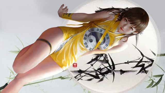 Woman flying frisbee bamboo cyberpunk free wallpaper for desktop - medium preview image