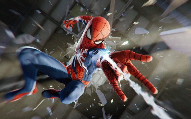Spiderman flying shattered glass detailed free wallpaper for desktop - medium preview image
