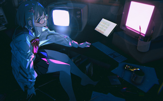 Cyberpunk anime girl sitting desk free wallpaper for desktop - medium preview image