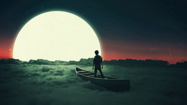 Moon boat lake surreal astronaut free wallpaper for desktop - medium preview image