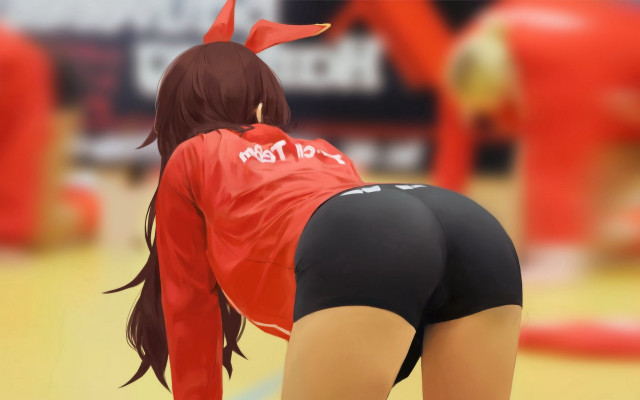 Volleyball gym woman redshirt blackshorts free wallpaper for desktop - medium preview image