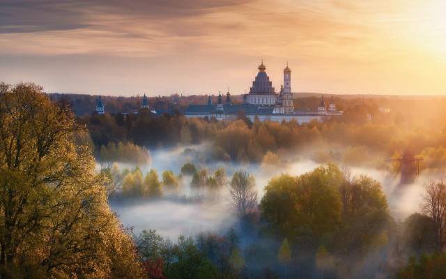 Foggy landscape church trees sunset free wallpaper for desktop - medium preview image
