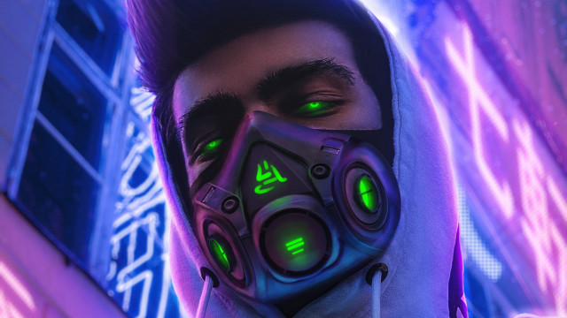 Futuristic man mask green eyes free wallpaper for desktop - medium preview image