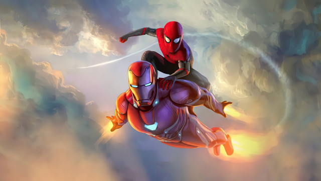 Spiderman ironman flying clouds dusk free wallpaper for desktop - medium preview image