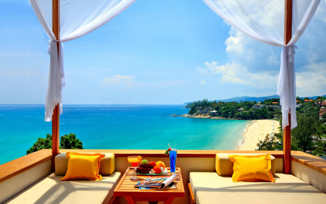 Table fruit tray patio ocean free wallpaper for desktop - medium preview image