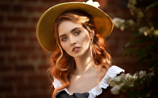 Woman hat dress flower brick free wallpaper for desktop - medium preview image