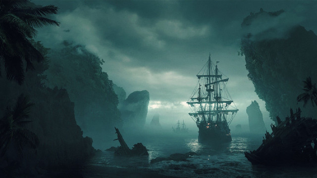 Pirate ship dark sea mountain free wallpaper for desktop - medium preview image