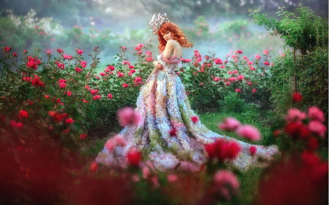 Woman dress field crown flower free wallpaper for desktop - medium preview image