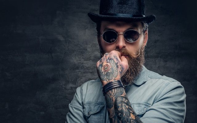 Bearded man glasses tattoos maximalism free wallpaper for desktop - medium preview image